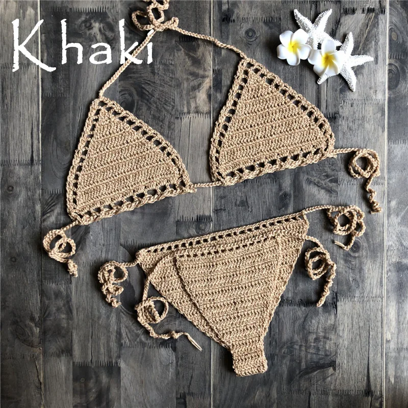 Women\'s Sexy Micro Bikini Crochet Cotton Thong G String Lingerie Triangle Bikini Top Bra Solid Bottom Beach Swimwear