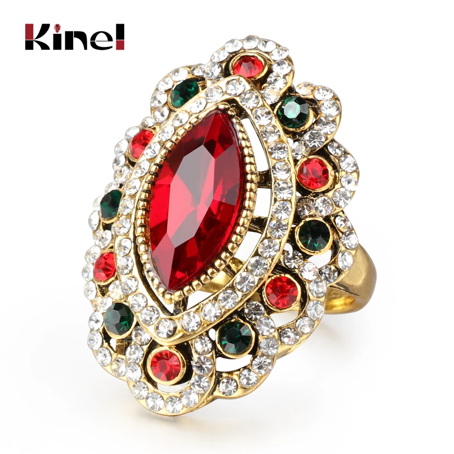 Luxury Vintage Jewelry Red Glass Rings For Women  Antique Gold Color Tibet Alloy India Eye Ring Crystal Gifts