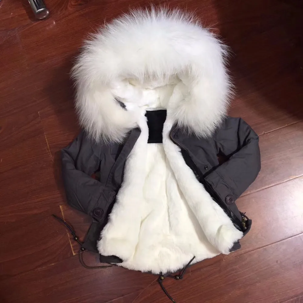 

Pure White Faux Fur Lined Parka For Kids Short Gray Winter Warm Fur Coat Boys Raccoon Fur Collar Overcoat