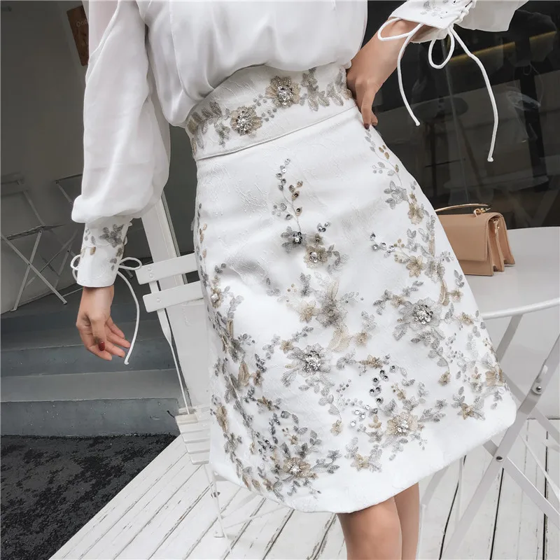 Runway Spring Skirt Suits Women\'s Sheer Lantern Sleeve Bows Chiffon Blouses Tops + Vintage Beaded Flower Appliques Skirts NS354