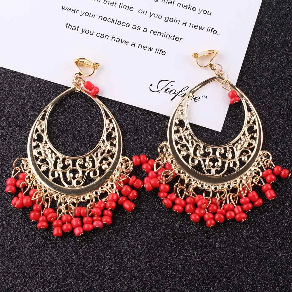 Big Statement Retro Vintage beads Clip On Earrings for Women 4 color New Arrival Fashionable Gold Color Alloy Charming Earrings