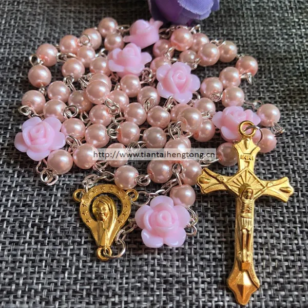 glass pearl rosary,immitation pearl rosary necklace with rose flower connector golden virgin mary medal and jesus cross