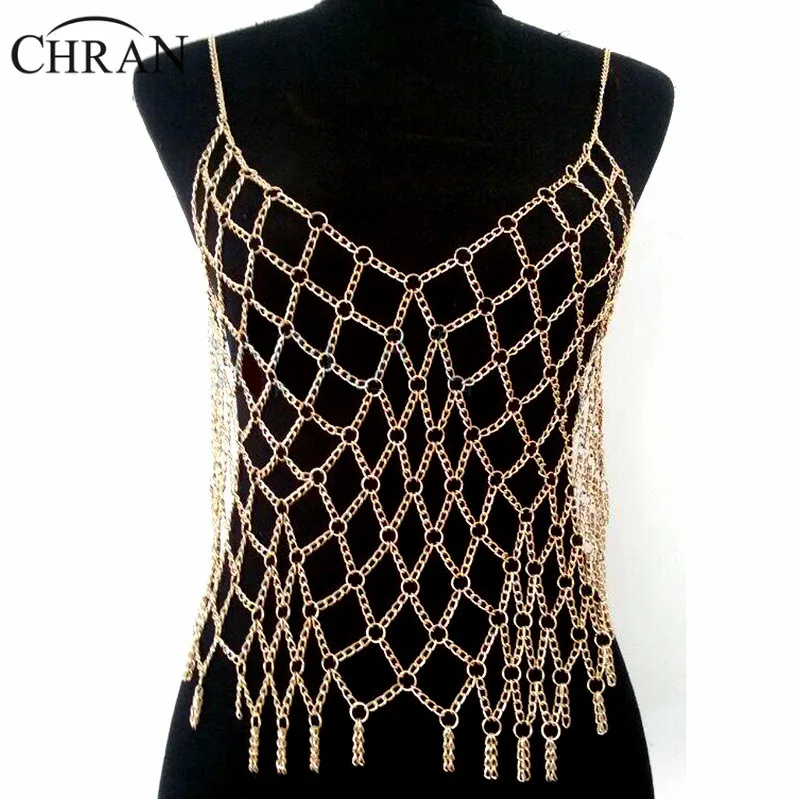 Chran Sexy Full Beach Chain Wear Harness Silver Gold Color Europe Mesh Top Bralette Harness Necklace Belly Dancer Dress Jewelry