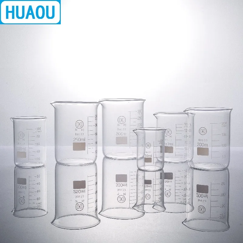 HUAOU-200mL 유리 비커 낮은 형태의 붕규산 3.3 유리, 졸업 및 주둥이 측정 컵 실험실 화학 장비