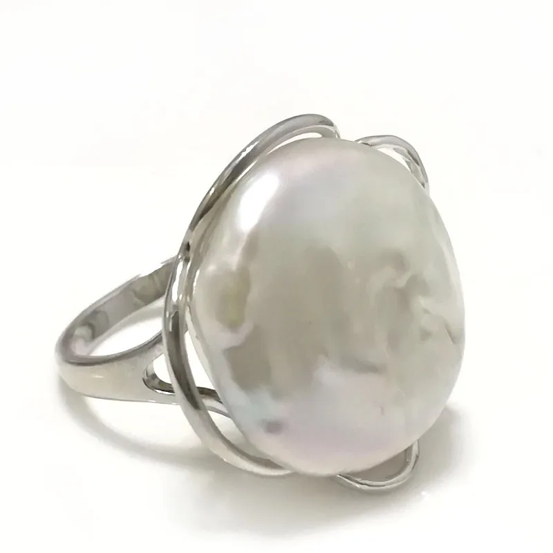 8# White Gold Filled 20-22mm Natural Women Flat Adjustable Baroque Pearl Ring