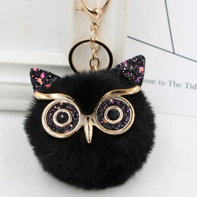 Cute Girls Bling Glitter Owl Keychain Women Fluffy Rabbit Fur Pompom Owl Key Chain On Bag Car Trinket Jewelry Party Gift