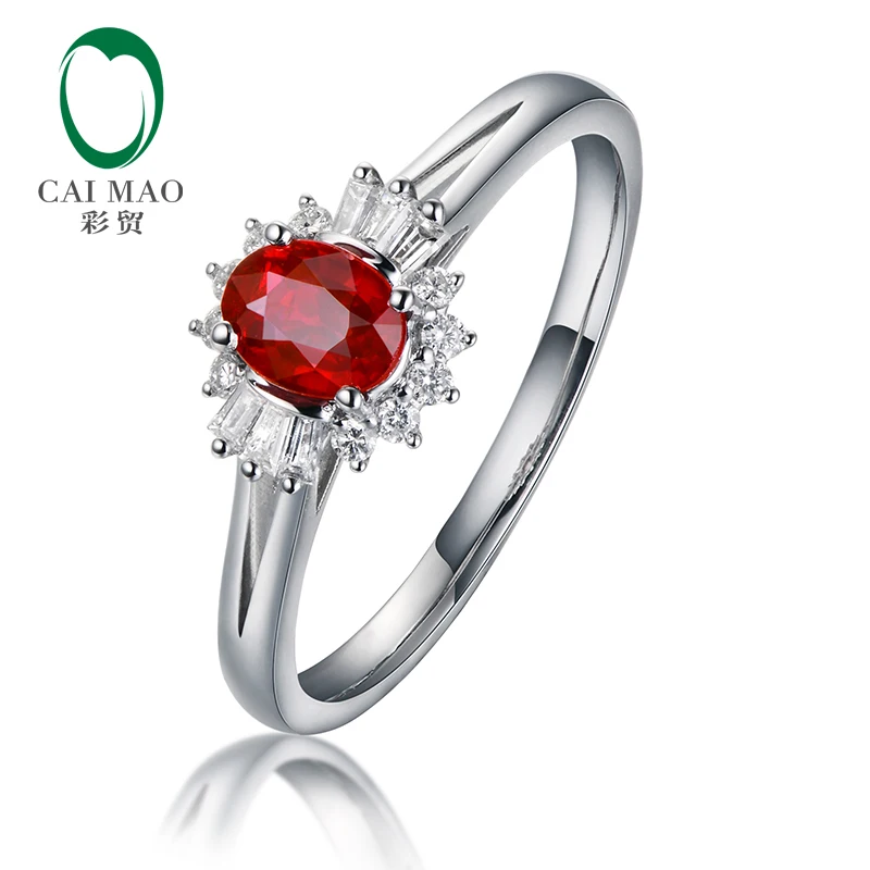 

Caimao Natural 0.49ct Oval Red Ruby 14kt White Gold Round Bagutte Diamond Engagement Ring