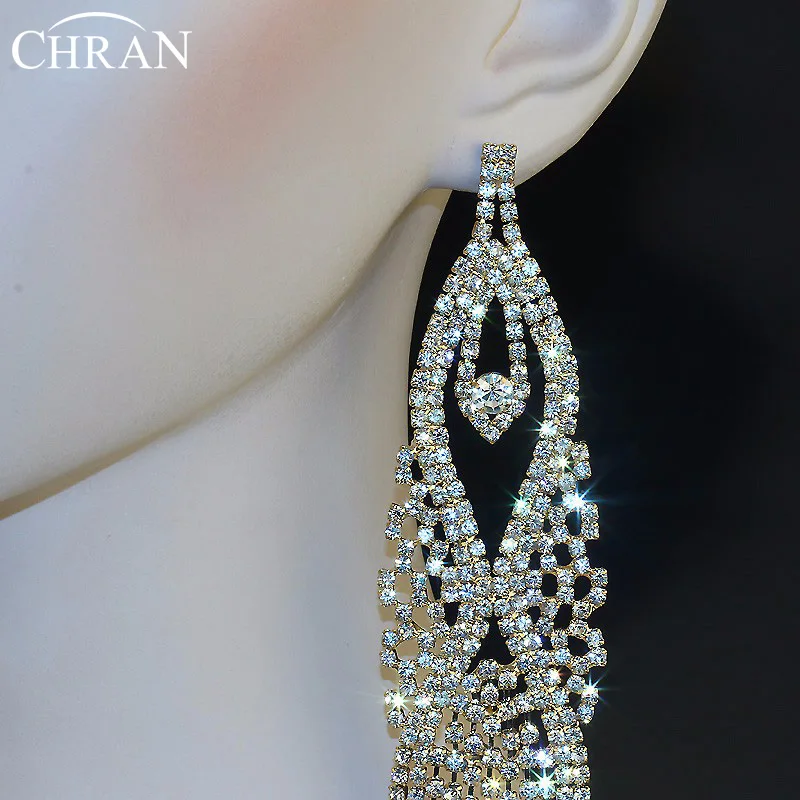 CHRAN Gold Color Rhinestone Chandelier Dangle Long Tassel Earrings for Women Ladies Jewelry Statement Wedding Earrings For Bride