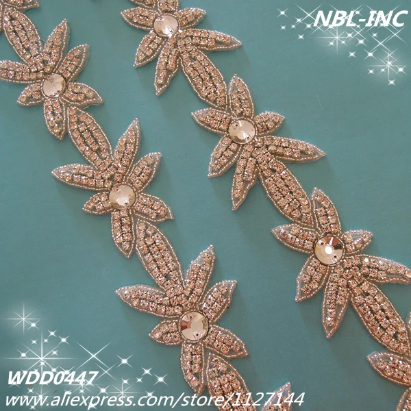 

(10 YARDS )Wholesale bridal hand beaded sewing silver rhinestone flower applique trim iron on for wedding dress WDD0447