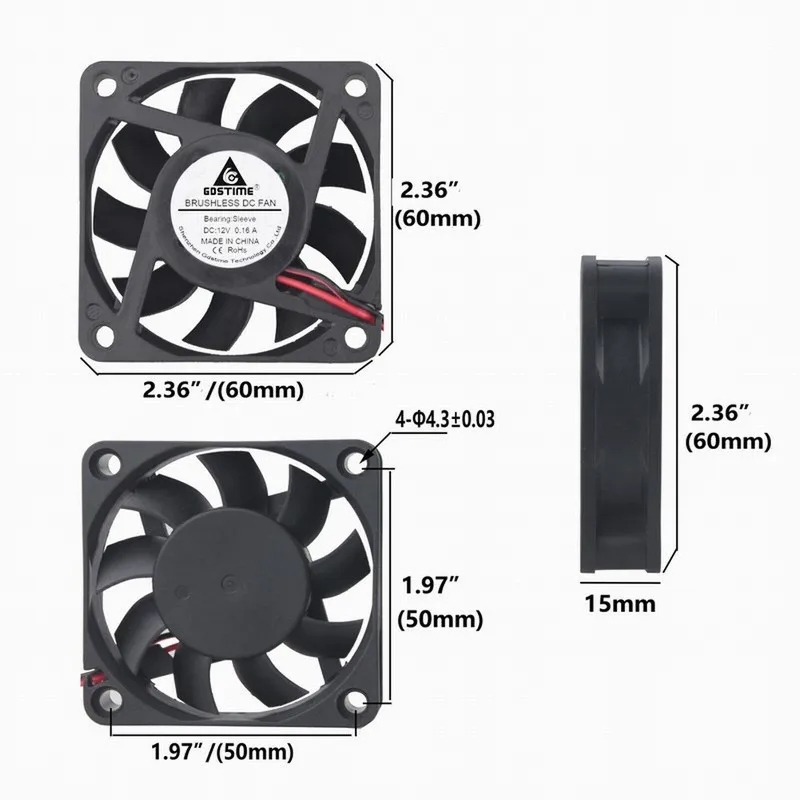 

Gdstime 5 Pcs 2Pin 12V Brushless DC Cooling Fan High RPM 6cm 60mmx60mmx15mm 0.16A Computer Case Cooler 6015