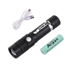 Anjoet USB Rechargeable Flashlight XML-T6 Led Flashlight Zoomable 3 modes Waterproof torch for 18650 with USB cable Camping