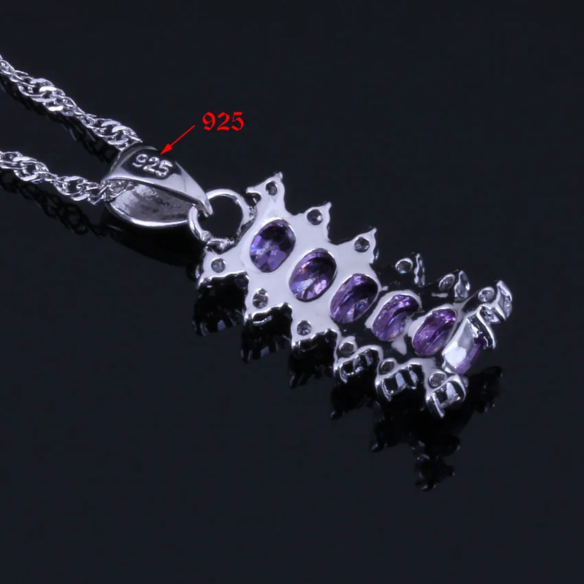 Sweet Purple Cubic Zirconia White CZ Silver Plated Jewelry Sets Earrings Pendant Chain Ring V0299