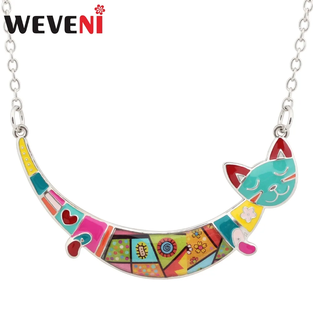 WEVENI Alloy Enamel Floral Sleeping Cat Kitten Choker Necklace Pendant Chain Collar Cute Animal Jewelry For Women Girls Teens