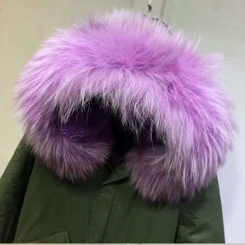 Meifng Brand Factory Wholesale Short Parka Purple Rex Rabbit Fur Lined Overcoat For Women Winter Fashion Fur Jacket