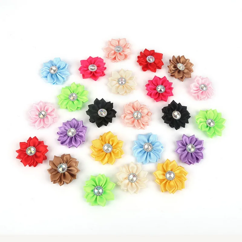 14 Petals 4cm Small Handmade Fabric Flower with Rhinestone Appliques Sewing Wedding Garment Clothing Hairpin Flowers Accessories