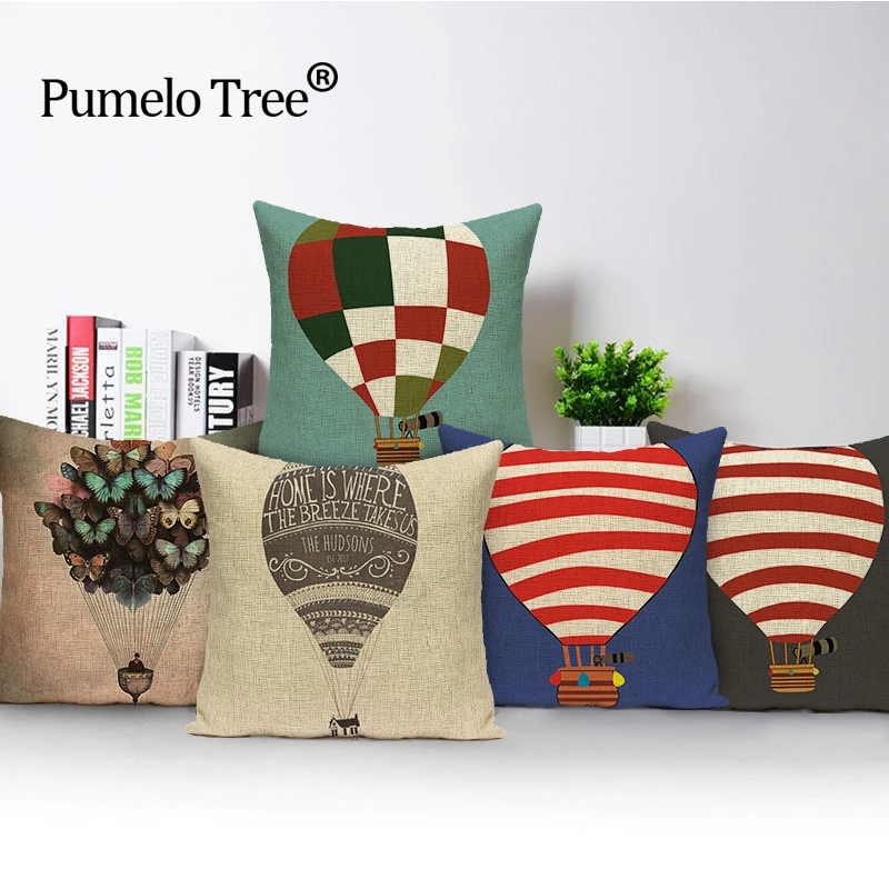 Cartoon colorful Cushion Cover Square Hot Air Balloon Pillow case Cotton Linen Cushion Sky Home Decorative Pillow Cover