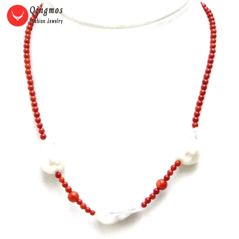 Qingmos Natural Coral Necklace for Women with 3mm Red Coral & 14*25mm White Baroque Nuclear Pearl Necklace Chokers Jewelry n6339