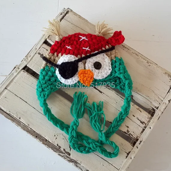 

Crochet Children's cartoon Pirates owls and eye patch Hat,baby Beanies,newborn Photography prop 100% cotton -green,red