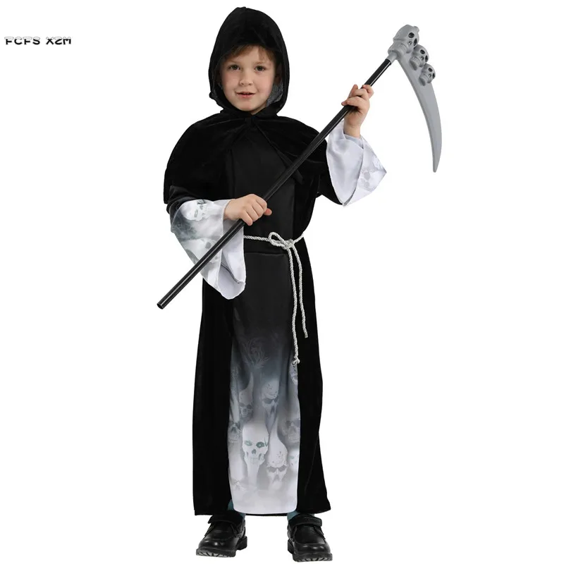 M-XL Gothic Boy Demon Hell Devil Cosplay Kid Children Halloween Fiend Azrael Death Costume Carnival Purim Masquerade Party Dress