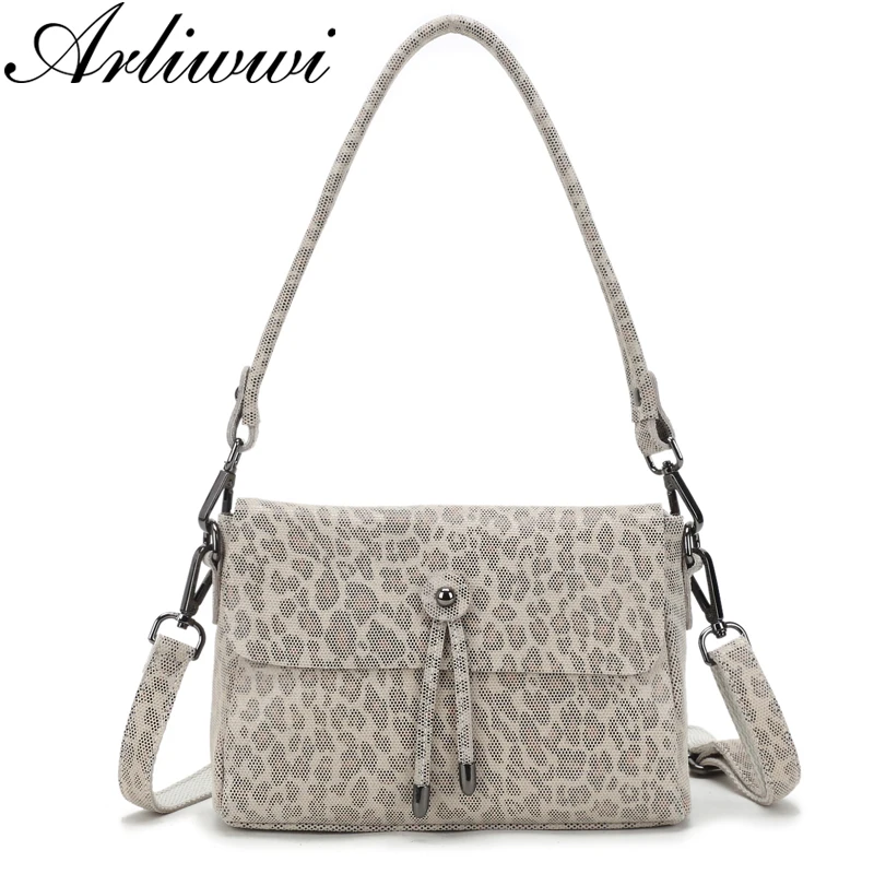 Arliwwi Brand Female Genuine Leather Shoulder Bag New Leopard Design Embossed Flap Small Messenger Handbags For Ladies