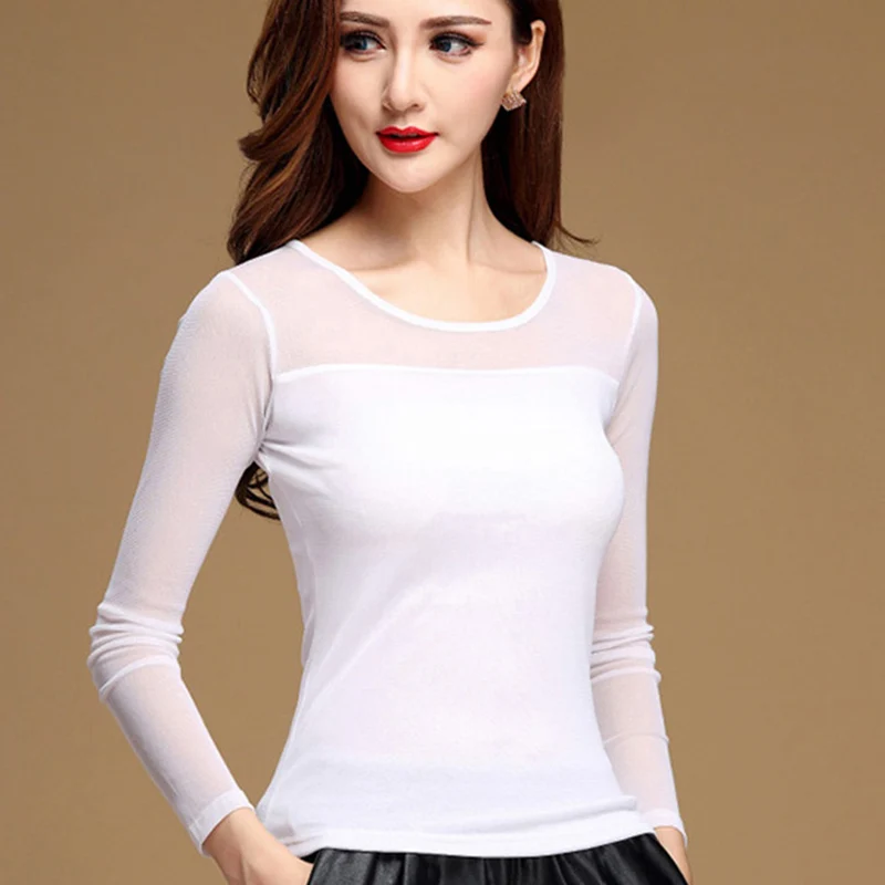 Phụ nữ Lưới Tops Mùa Xuân Mùa Thu Thời Trang Sexy Casual Stretch Dài Tay Áo Áo Sơ Mi Thanh Lịch Hàng Đầu Cho Phụ Nữ Blusas New Arrivals