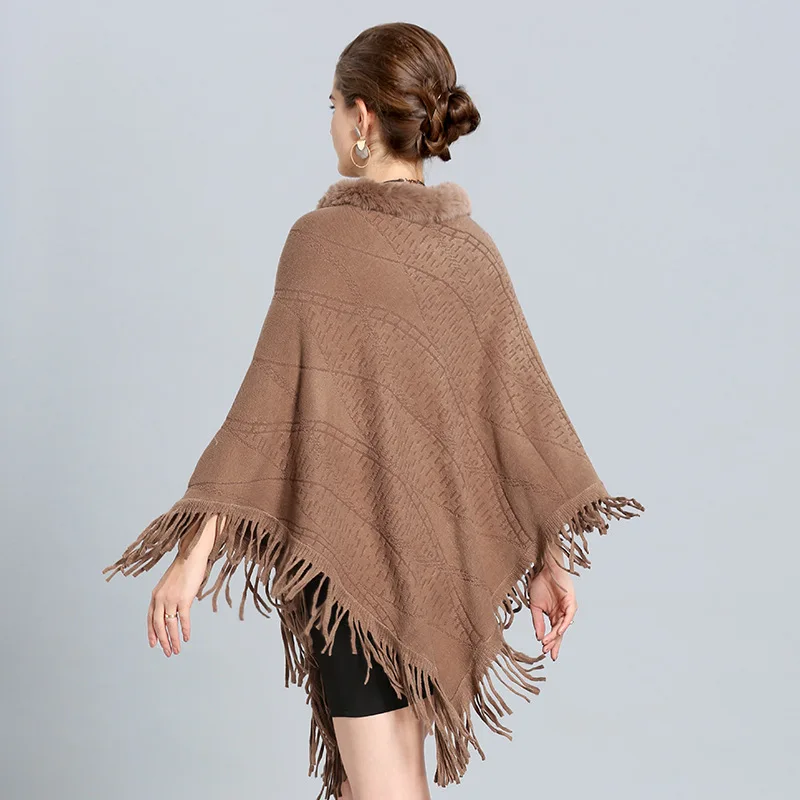 Khaki Women's Clothing Faux Fur Bat Sleeve Ponchos And Capes Round-Neck Knit Jacket Sweaters And Pullovers Faux Fur Coat Autumn