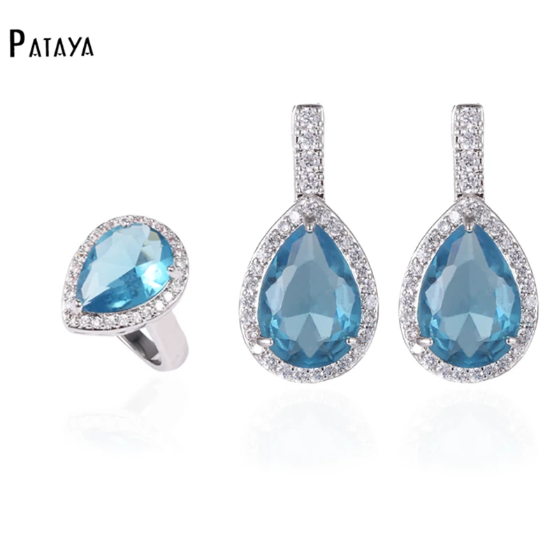 

PATAYA Light Blue Drop Jewelry Sets True White Gold Color Natural Zircon Lady Wedding Summer Ring Earrings Sets Purple Jewelry