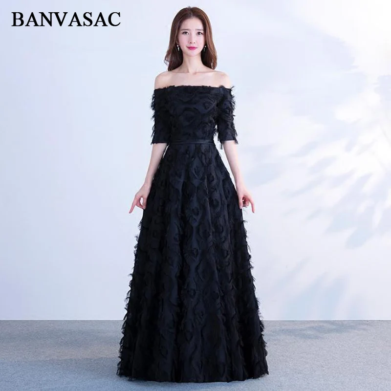 

BANVASAC 2018 Elegant A Line Boat Neck Feathers Long Evening Dresses Party Lace Half Sleeve Sash Backless Prom Gowns