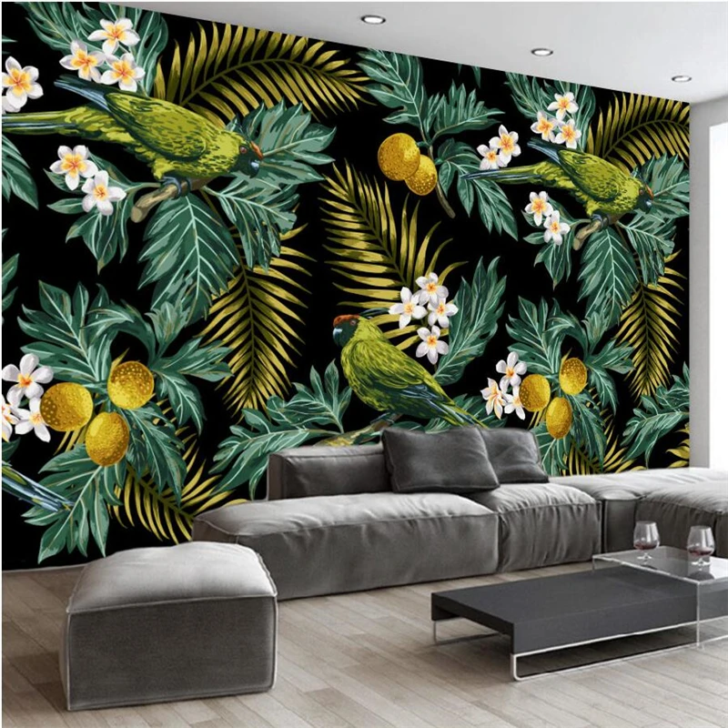 wellyu papel parede  Custom wallpaper Hand painted tropical rainforest Parrot Coconut Leaves Television Walls behang tapety