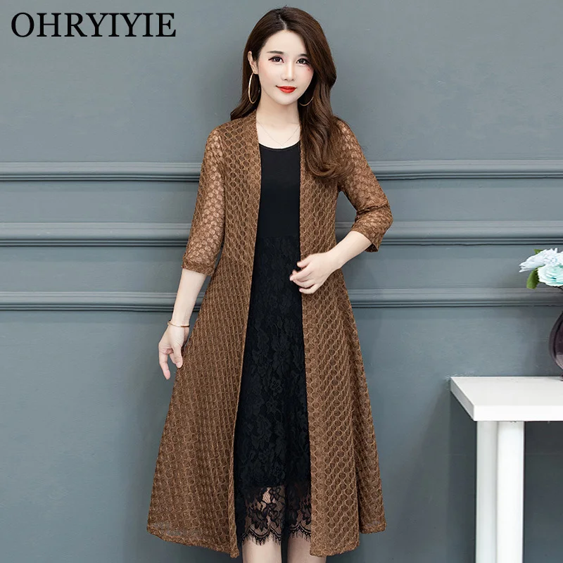 OHRYIYIE 4XL 5XL Thin Hollow Out Long Cardigan Sweater Women Poncho 2023 Spring Autumn Casual Long Knitted Sweater Female Tops