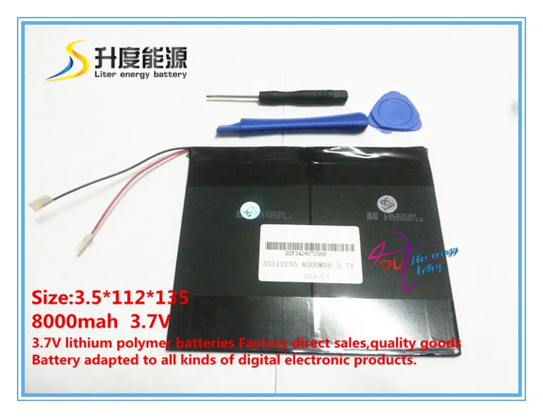 

35112135 3.7V 8000mah polymer lithium ion /Li-ion battery for tablet pc,MID,PDA,DIY for N10 A10 Quad Core,T90 Dual Core