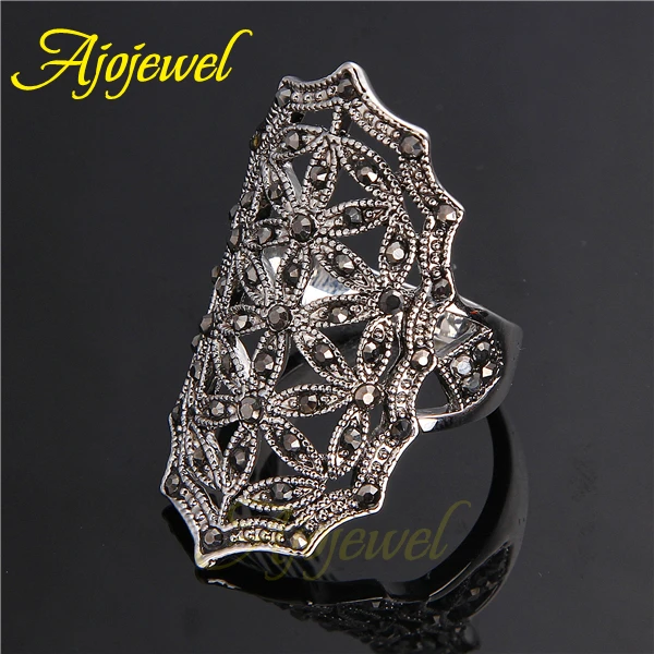 Ajojewel Bijoux Anel De Formatura Fashion Hollow Out Snowflake Black Crystal Big Rings For Women