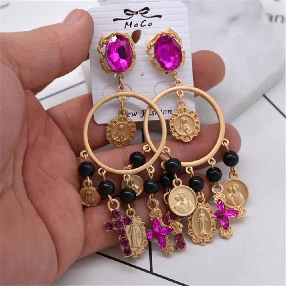 Fashion Hot Pink Rhinestones Baroque Retro Earrings Jewelry European Fashion Cross Drop Women Big Baroque Earring Jewelry