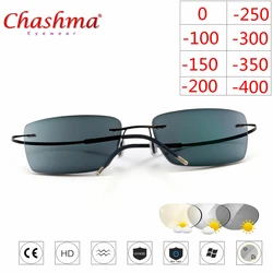 Titanium Rimless Glasses Myopia Glasses Photochromic glasses Men Women Chameleon Glasses Lens with Diopters -1.0 1.5 2.0 2.5 3.0