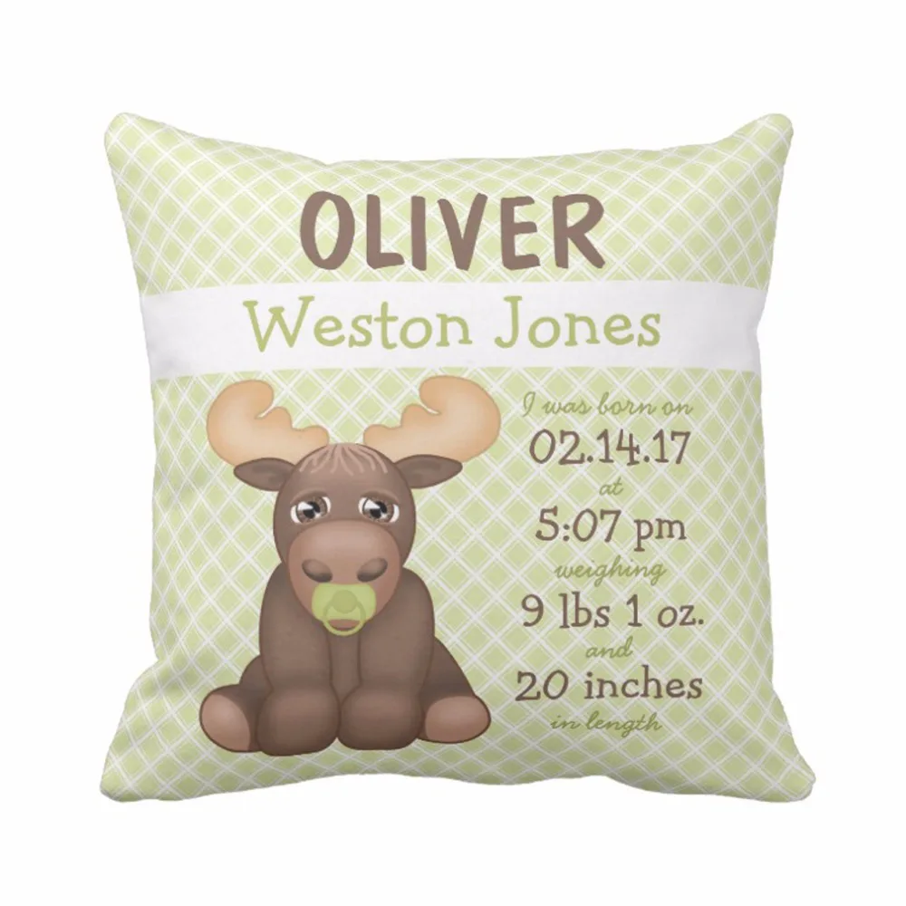 

Custom Moose Nursery Keepsake Baby Birth Stats Christmas Throw Pillow Cover Polyester Cotton Cushion Cover Home Decorative