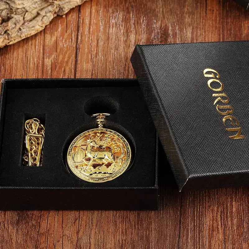 Golden Hollow ลายกวางนาฬิกากลไกนาฬิกานาฬิกา Vintage คู่ด้านข้าง Steampunk Fob นาฬิกาสร้อยคอนาฬิกา Chain ผู้หญิงผู้ชาย