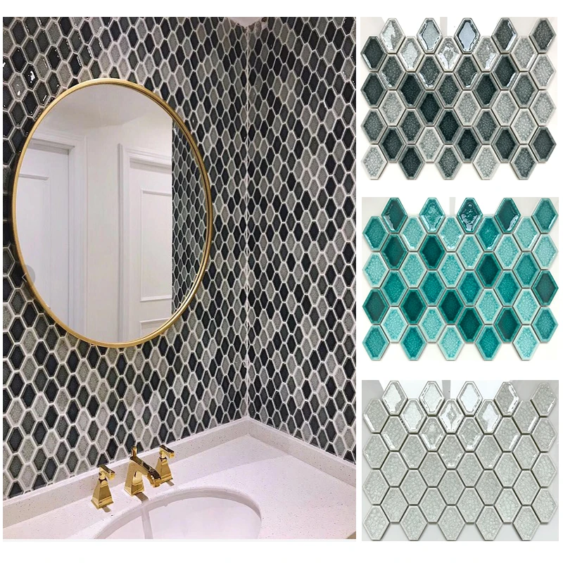 Simple North European Glossy Green Ice Crack Ceramic Rhombus Art Mosaic Tile for Bathroom Living Room Wall Floor Tile Decoration