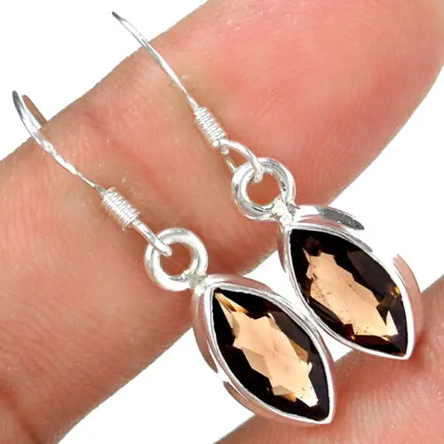 Genuine Smoky Quartz Earrings  100%  925 Sterling Silver KE0115 31mm 3G