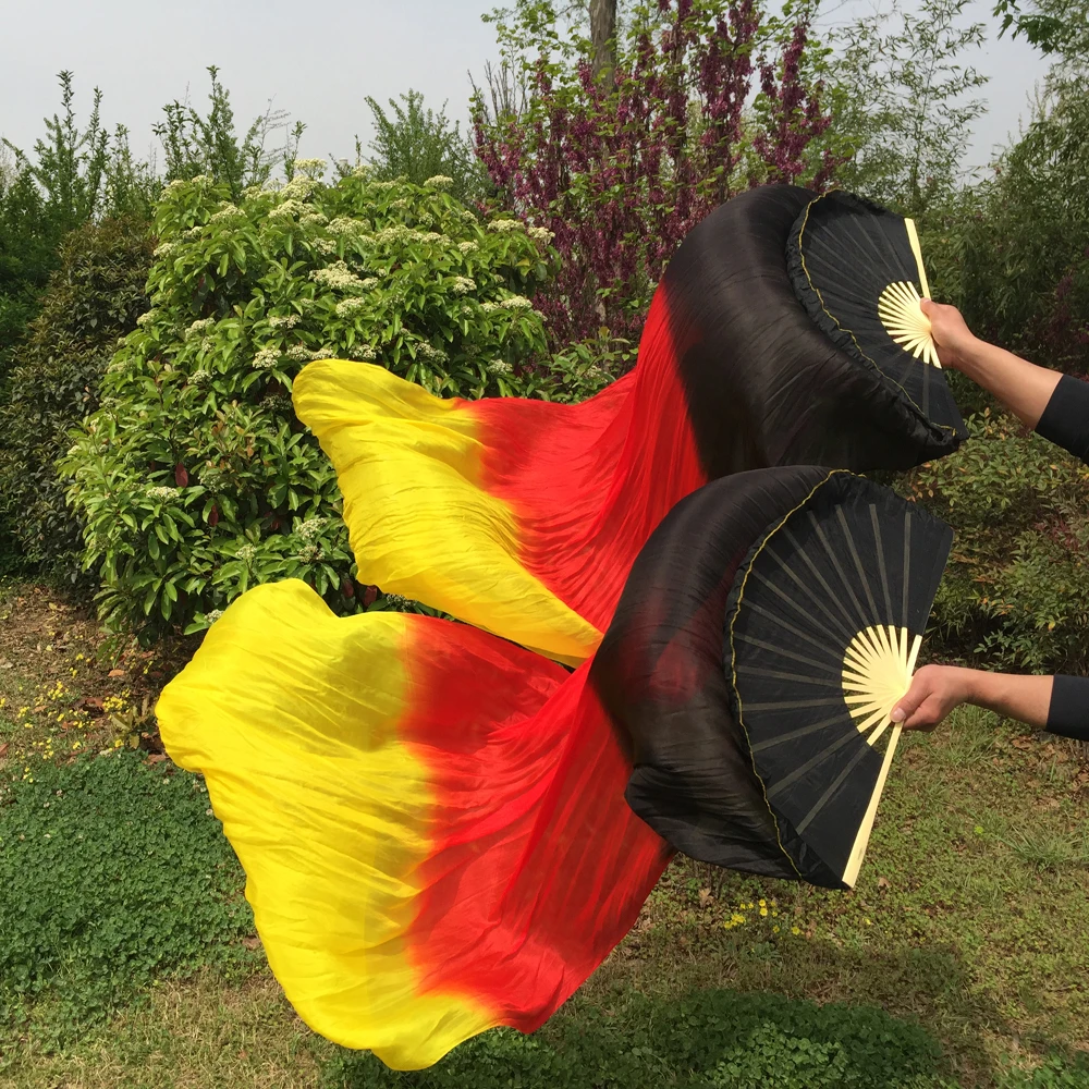 New Arrival 1pair(Left+Right) 180cm Belly Dance Chinese Real Silk Fan Veils Black+Red+Yellow fire color