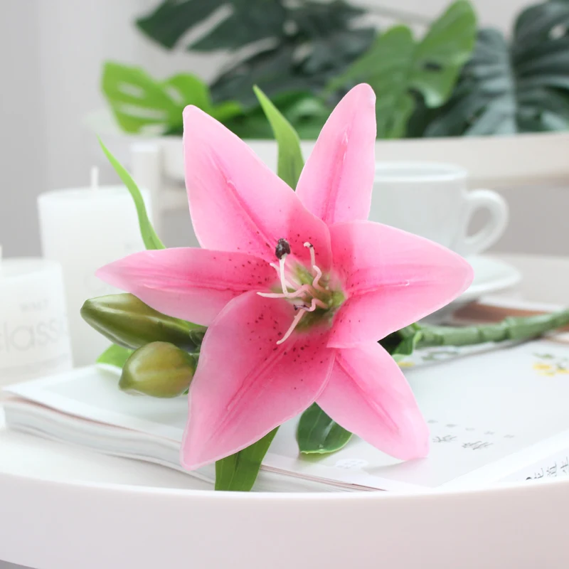 Yellow Lilies Artificial Flowers Real Touch White Flower Decoration Wedding Fake Lily Branch 4 Heads Red Marriage Wreath