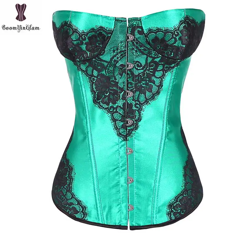 

Green Corset Satin Overbust Korsett For Women Lace Appliques Gothic Korset Fish Boned Waist Slimming Bustier Outfit Sexy Gorset