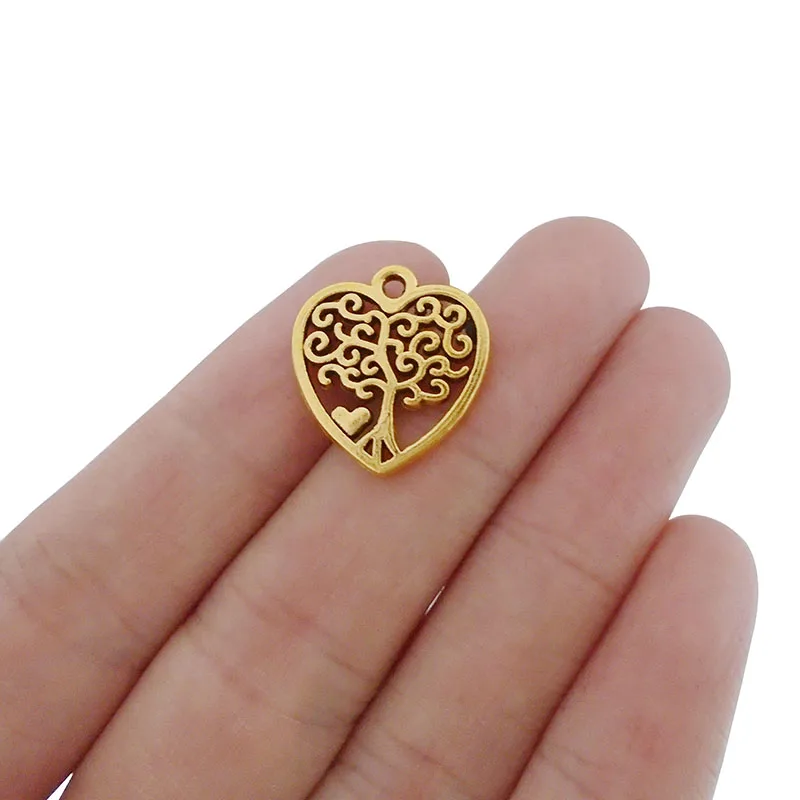 ZXZ 20pcs Antique Gold Tone Heart Love Tree Charms Pendants Beads for DIY Necklace Bracelet DIY Jewelry Making Findings 17x18mm