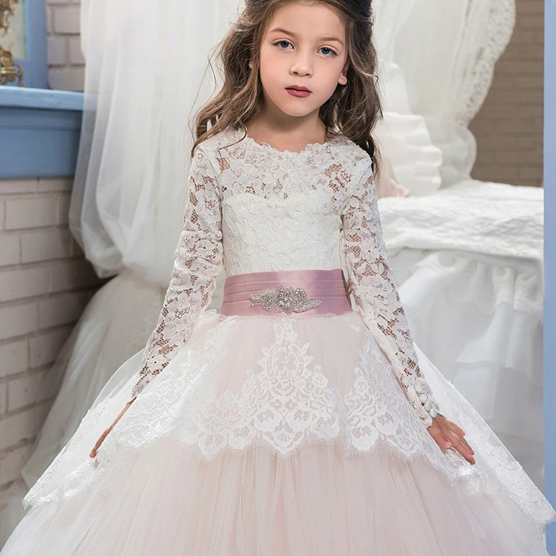 Long Sleeves Lace Blush Pink Baby Girl Summer Clothes Kid Dresses Toddler Girl Ball Gown For Wedding Party vestidos de comunion