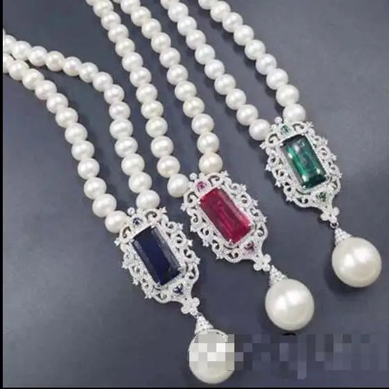 Beautiful CZ micro rectangle connector/pendant Shell pearl necklace