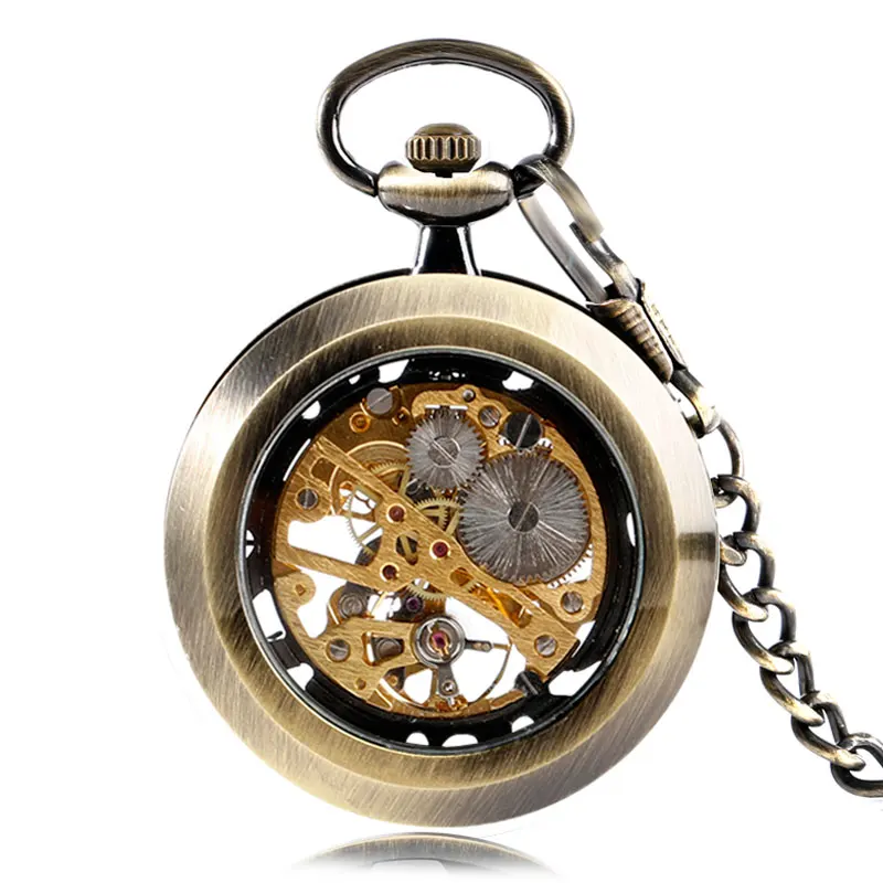 Vintage Bronze Skeleton Gear Gold Dial Luxury Mechanical Hand Wind Pocket Watch Analog Steampunk Fob Chain Clock Gifts Men