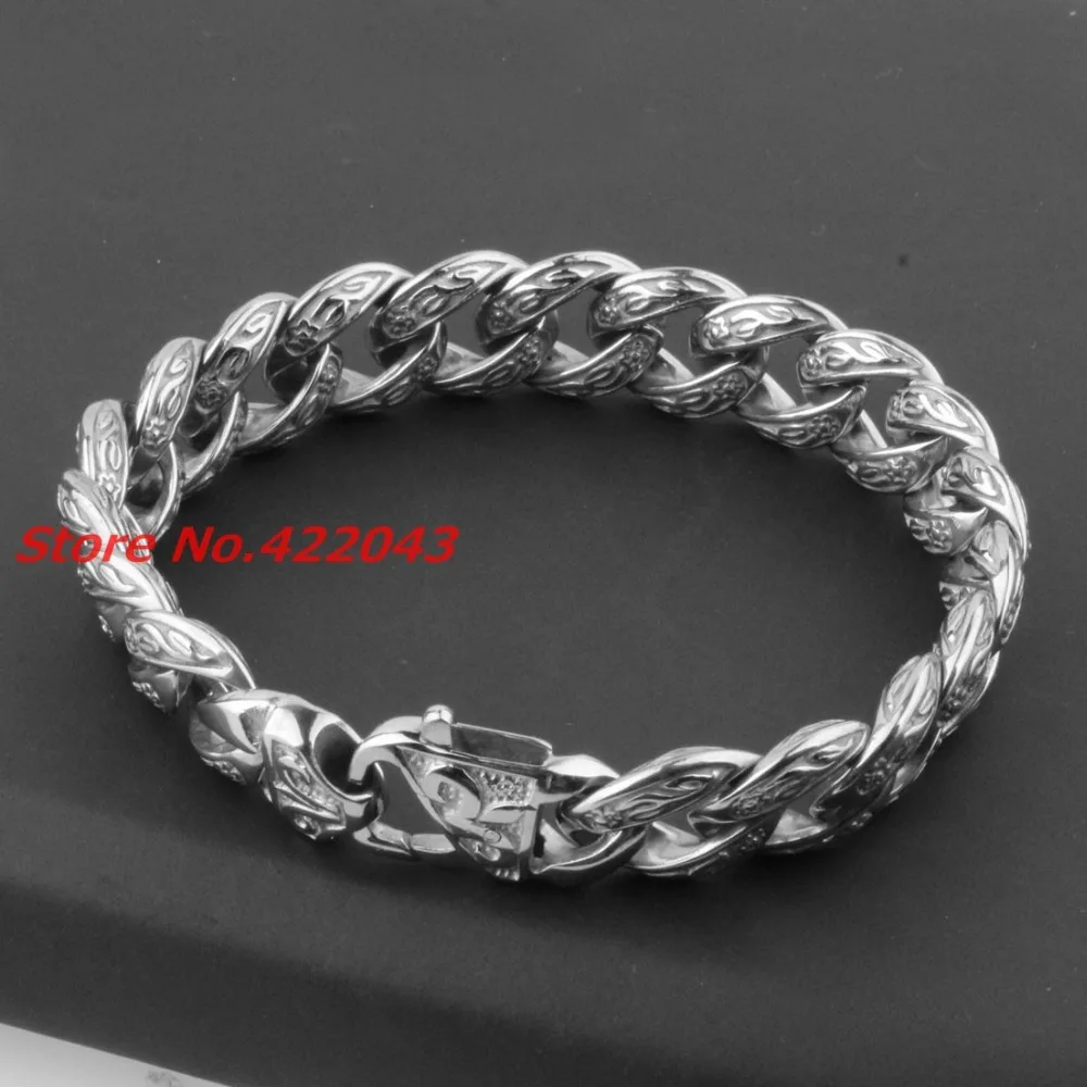 Fashion Mens Boy\'s Bangles 15mm Solid Silver color 316L Stainless Steel Cast Flower Design Cuban Link Chain Bracelets 9\