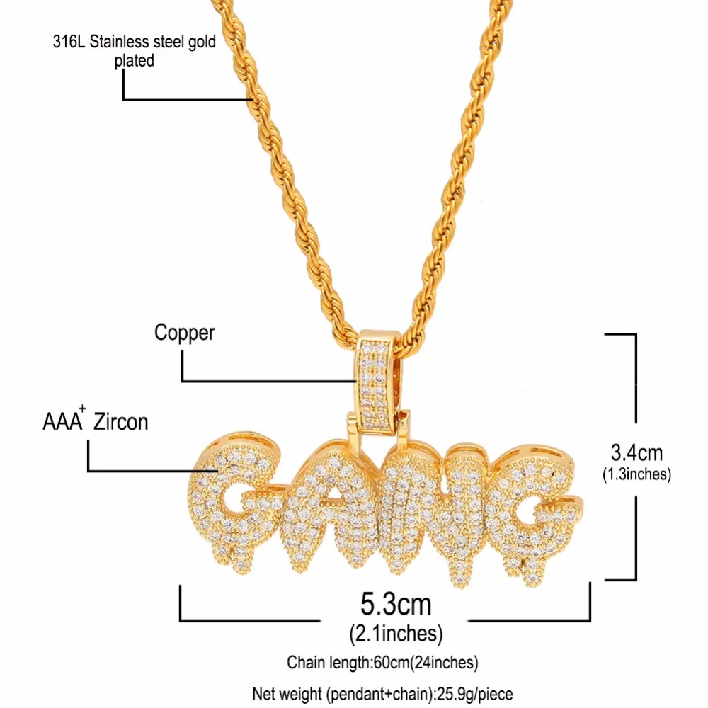 Full AAA CZ Zircon Paved Bling Iced Out Bubble Letter GANG Men Hip Hop Rapper Pendants Necklace Gold Color Alphabet Jewelry