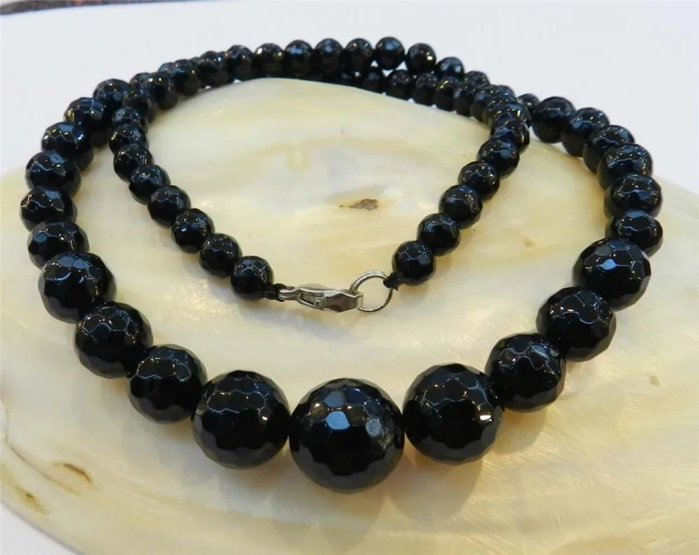 Fashion Faceted 6-14mm Black Round Onyx Gems Necklace Rope Chain Beads Jewelry Natural Stone Mother's Day gifts (Minimum Order1)