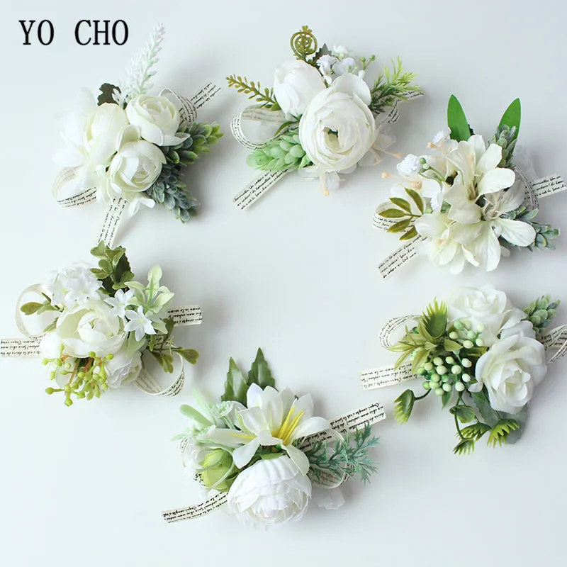 Yo cho broche de botão justo com rosas, bracelete branco, damas de honra, broche de flores, cerimônia de casamento