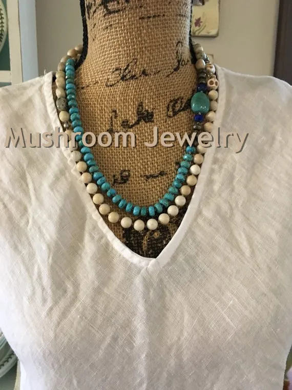 

Boho Turquoises Nugget Opal Jades River Stone Knot Long Layered Necklace Blue Lapis And Pyrite Long Layering Necklace